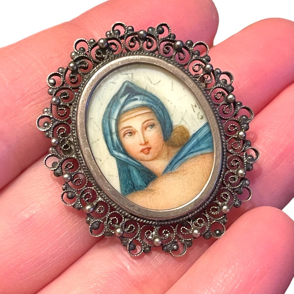 Antique 800 Silver necklace pendant hand painted Cameo Locket ornate wire work